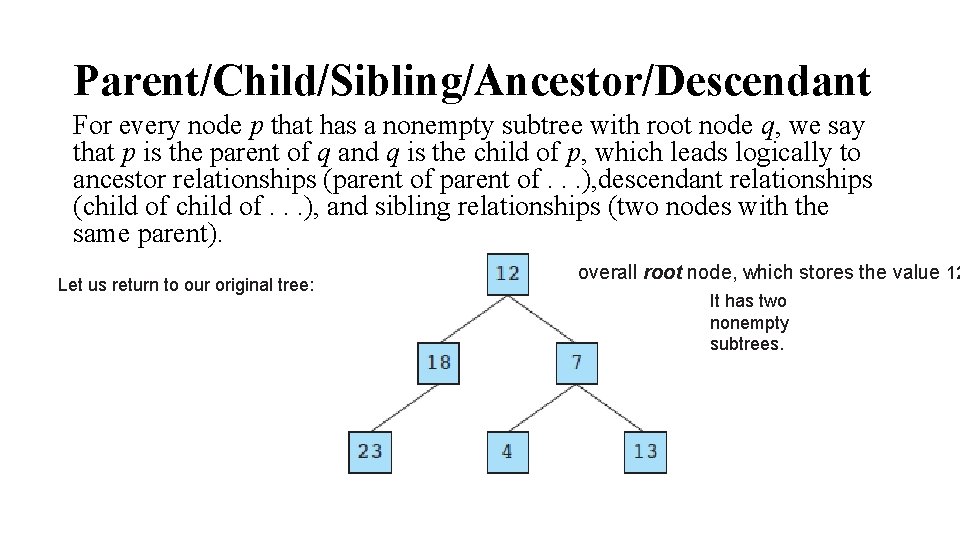 Parent/Child/Sibling/Ancestor/Descendant For every node p that has a nonempty subtree with root node q, Parent/Child/Sibling/Ancestor/Descendant For every node p that has a nonempty subtree with root node q,