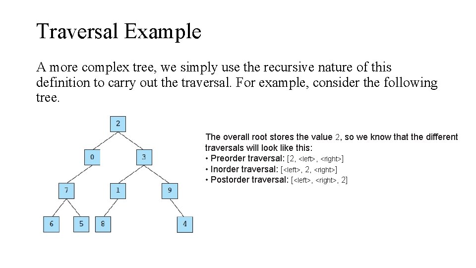 Traversal Example A more complex tree, we simply use the recursive nature of this Traversal Example A more complex tree, we simply use the recursive nature of this