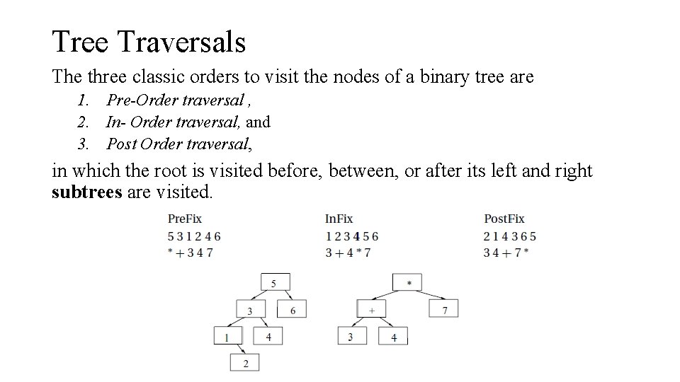 Tree Traversals The three classic orders to visit the nodes of a binary tree Tree Traversals The three classic orders to visit the nodes of a binary tree