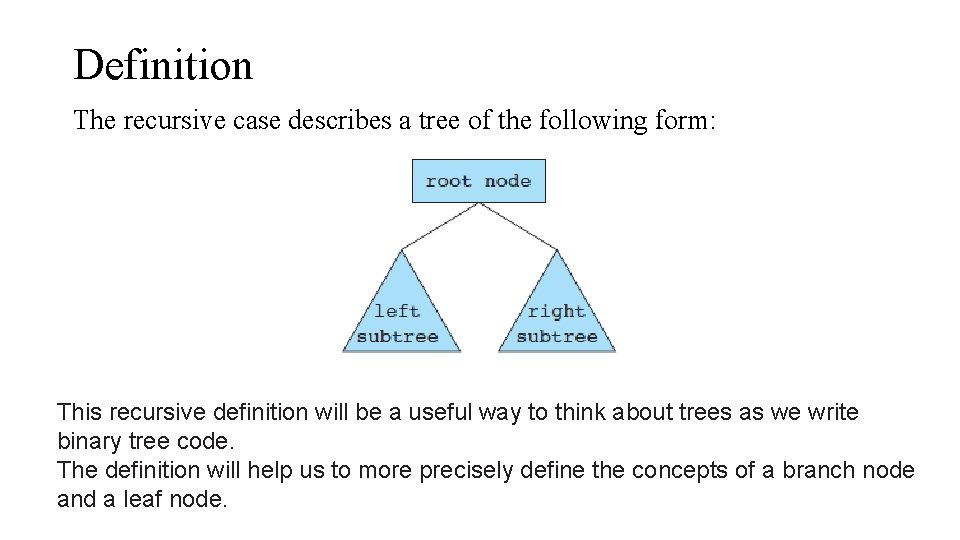 Definition The recursive case describes a tree of the following form: This recursive definition Definition The recursive case describes a tree of the following form: This recursive definition