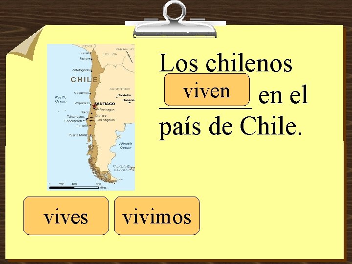 Los chilenos viven en el _______ país de Chile. vives vivimos 