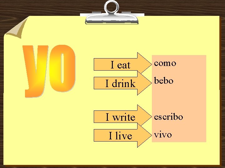 I eat como I drink bebo I write escribo I live vivo 