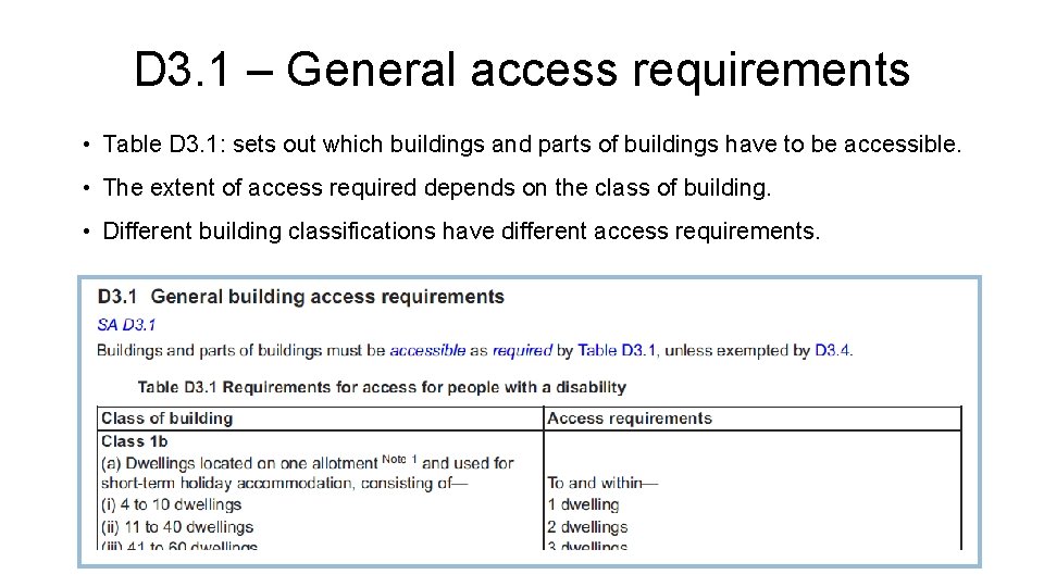 D 3. 1 – General access requirements • Table D 3. 1: sets out