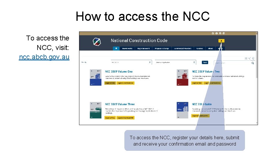 How to access the NCC To access the NCC, visit: ncc. abcb. gov. au