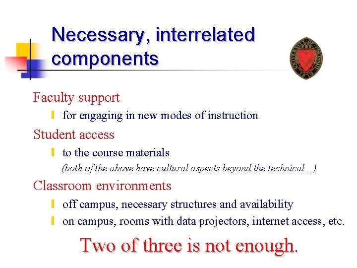Necessary, interrelated components Faculty support y for engaging in new modes of instruction Student