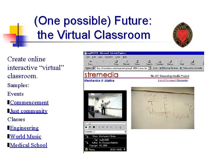 (One possible) Future: the Virtual Classroom Create online interactive “virtual” classroom. Samples: Events z.