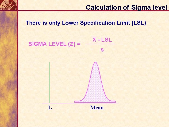 Calculation of Sigma level There is only Lower Specification Limit (LSL) SIGMA LEVEL (Z)