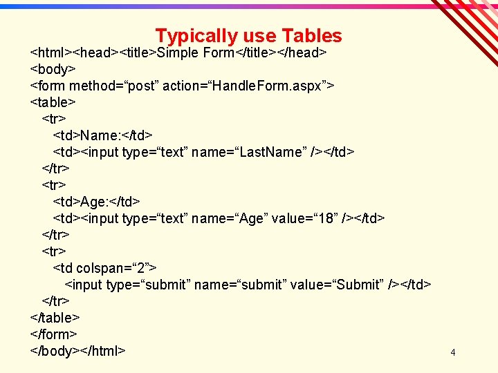 Typically use Tables <html><head><title>Simple Form</title></head> <body> <form method=“post” action=“Handle. Form. aspx”> <table> <tr> <td>Name: