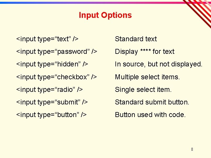 Input Options <input type=“text” /> Standard text <input type=“password” /> Display **** for text