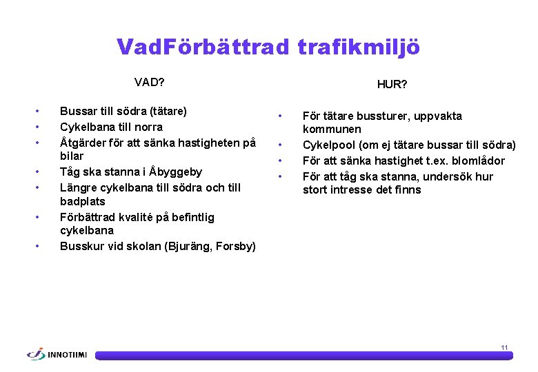 Vad. Förbättrad trafikmiljö VAD? • • Bussar till södra (tätare) Cykelbana till norra Åtgärder