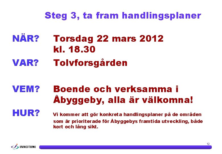 Steg 3, ta fram handlingsplaner NÄR? VAR? VEM? HUR? Torsdag 22 mars 2012 kl.