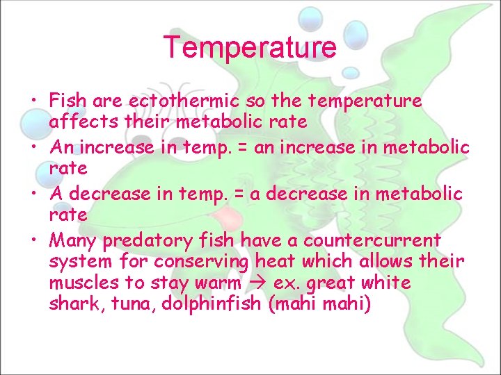 Temperature • Fish are ectothermic so the temperature affects their metabolic rate • An