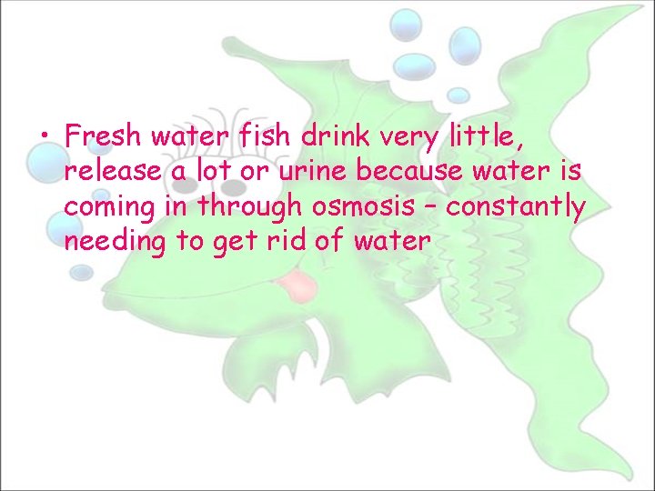  • Fresh water fish drink very little, release a lot or urine because