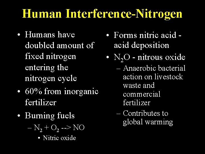 Human Interference-Nitrogen • Humans have • Forms nitric acid deposition doubled amount of fixed Human Interference-Nitrogen • Humans have • Forms nitric acid deposition doubled amount of fixed
