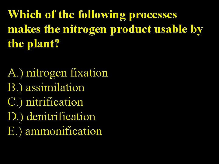 Which of the following processes makes the nitrogen product usable by the plant? A.