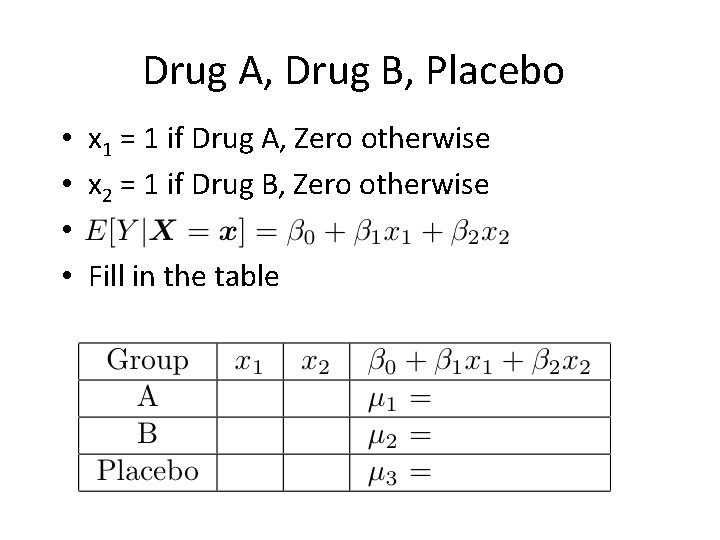 Drug A, Drug B, Placebo • x 1 = 1 if Drug A, Zero