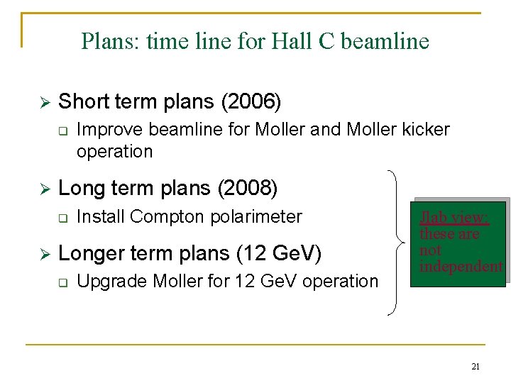Plans: time line for Hall C beamline Ø Short term plans (2006) q Ø