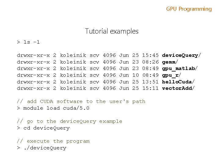 GPU Programming Tutorial examples > ls -l drwxr-xr-x drwxr-xr-x 2 2 2 koleinik koleinik