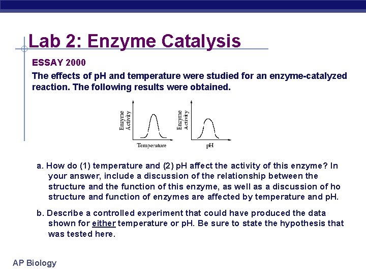 Lab 2: Enzyme Catalysis ESSAY 2000 The effects of p. H and temperature were