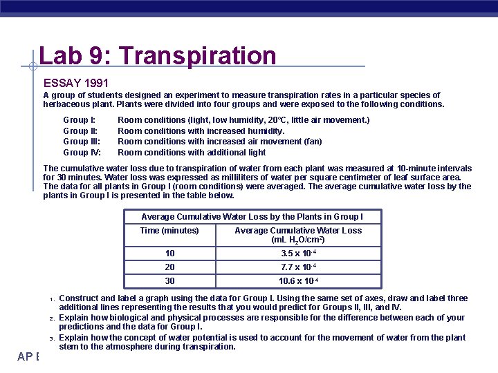 Lab 9: Transpiration ESSAY 1991 A group of students designed an experiment to measure