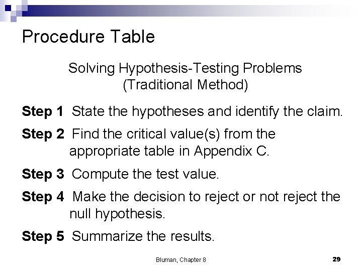 Procedure Table Solving Hypothesis-Testing Problems (Traditional Method) Step 1 State the hypotheses and identify