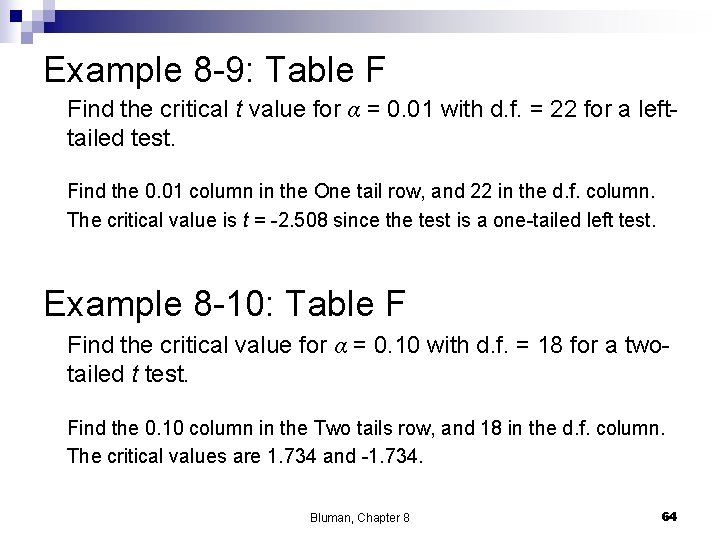 Example 8 -9: Table F Find the critical t value for α = 0.