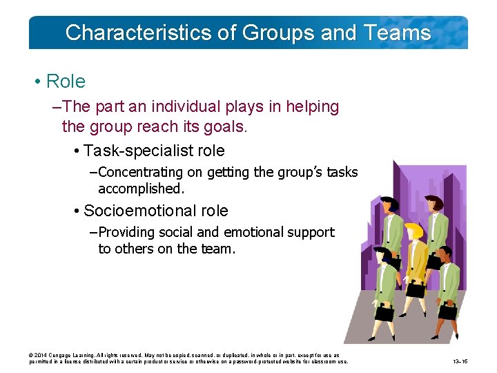 Characteristics of Groups and Teams • Role – The part an individual plays in