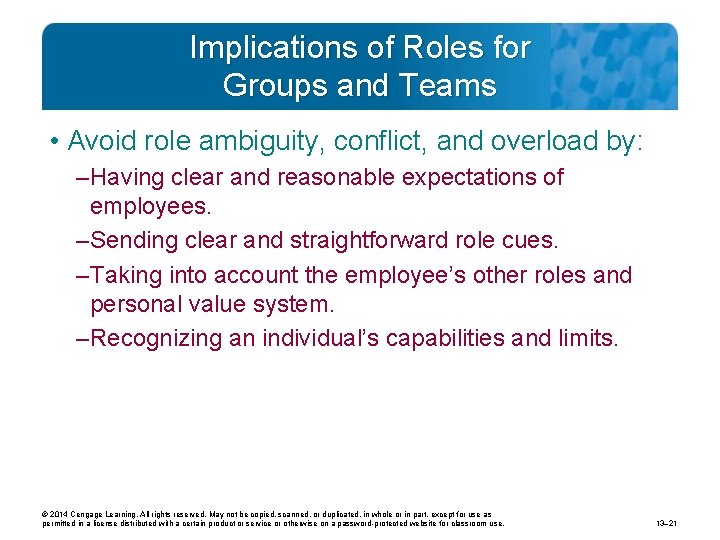 Implications of Roles for Groups and Teams • Avoid role ambiguity, conflict, and overload