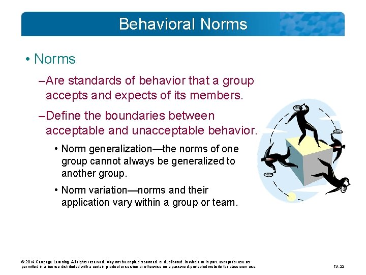 Behavioral Norms • Norms – Are standards of behavior that a group accepts and