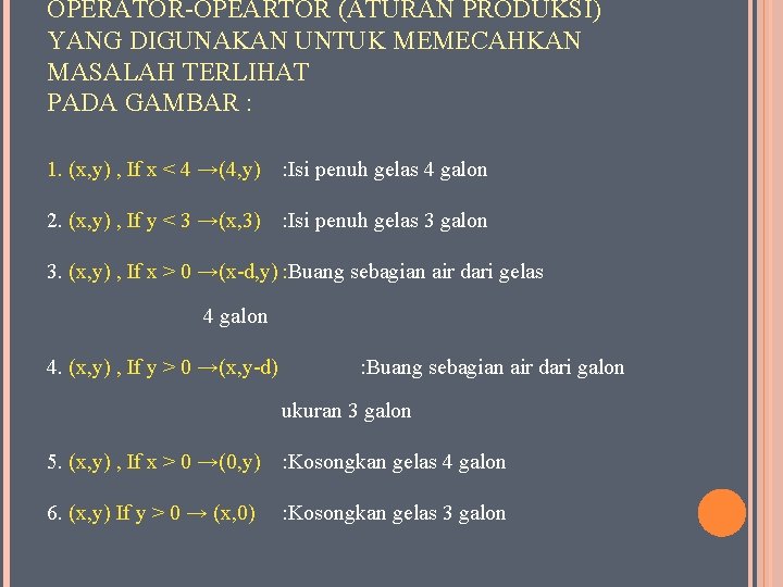 OPERATOR-OPEARTOR (ATURAN PRODUKSI) YANG DIGUNAKAN UNTUK MEMECAHKAN MASALAH TERLIHAT PADA GAMBAR : 1. (x,