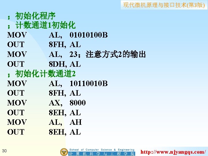 现代微机原理与接口技术(第 3版) ；初始化程序 ；计数通道 1初始化 MOV AL, 01010100 B OUT 8 FH, AL MOV