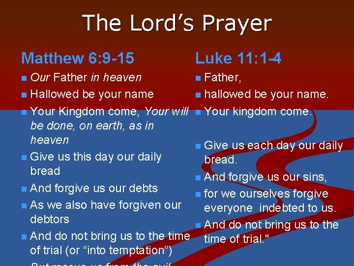 The Lord’s Prayer Matthew 6: 9 -15 Luke 11: 1 -4 n Our n