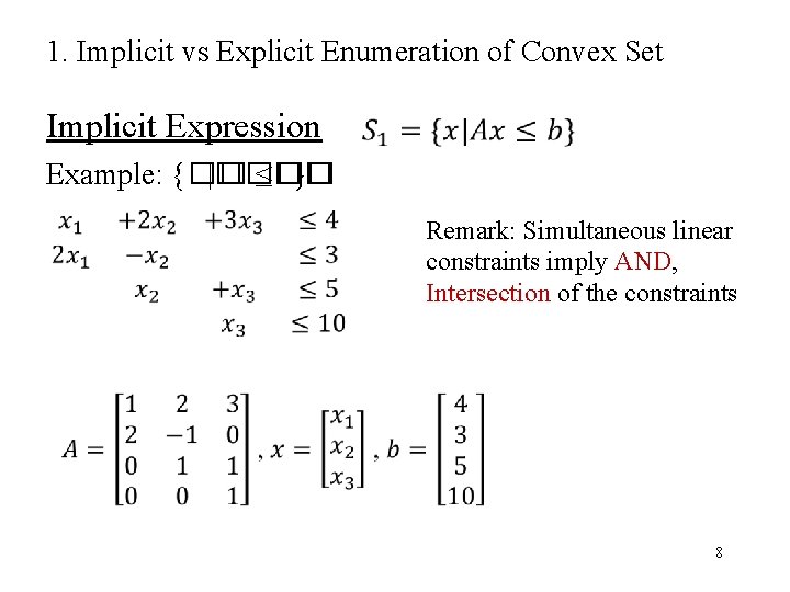 1. Implicit vs Explicit Enumeration of Convex Set Implicit Expression Example: {�� |���� ≤��