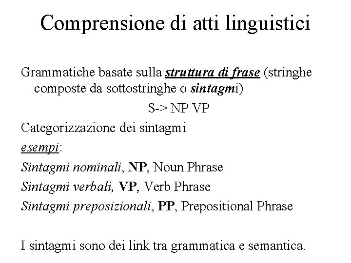 Comprensione di atti linguistici Grammatiche basate sulla struttura di frase (stringhe composte da sottostringhe