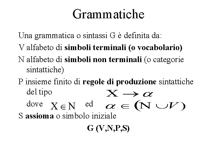 Grammatiche Una grammatica o sintassi G è definita da: V alfabeto di simboli terminali