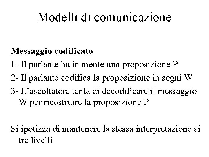 Modelli di comunicazione Messaggio codificato 1 - Il parlante ha in mente una proposizione