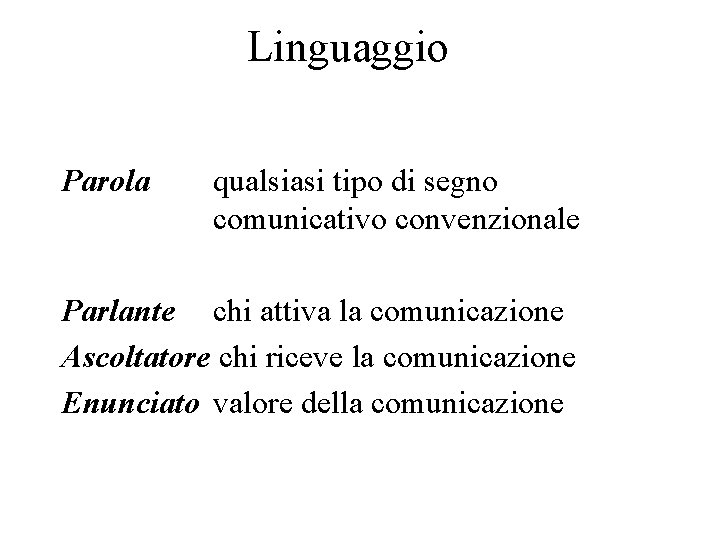 Linguaggio Parola qualsiasi tipo di segno comunicativo convenzionale Parlante chi attiva la comunicazione Ascoltatore