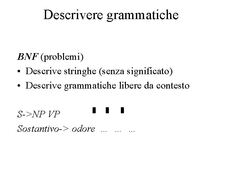 Descrivere grammatiche BNF (problemi) • Descrive stringhe (senza significato) • Descrive grammatiche libere da