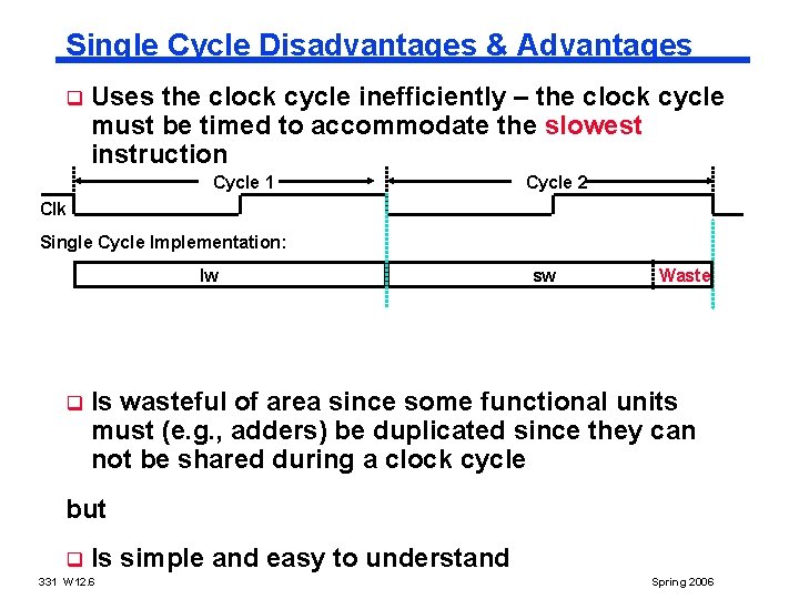 Single Cycle Disadvantages & Advantages q Uses the clock cycle inefficiently – the clock