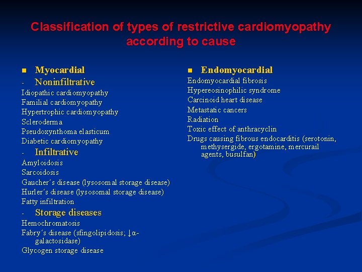 Classification of types of restrictive cardiomyopathy according to cause n - Myocardial Noninfiltrative Idiopathic