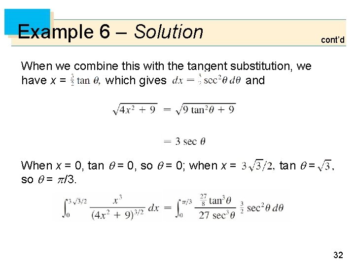 Example 6 – Solution cont’d When we combine this with the tangent substitution, we