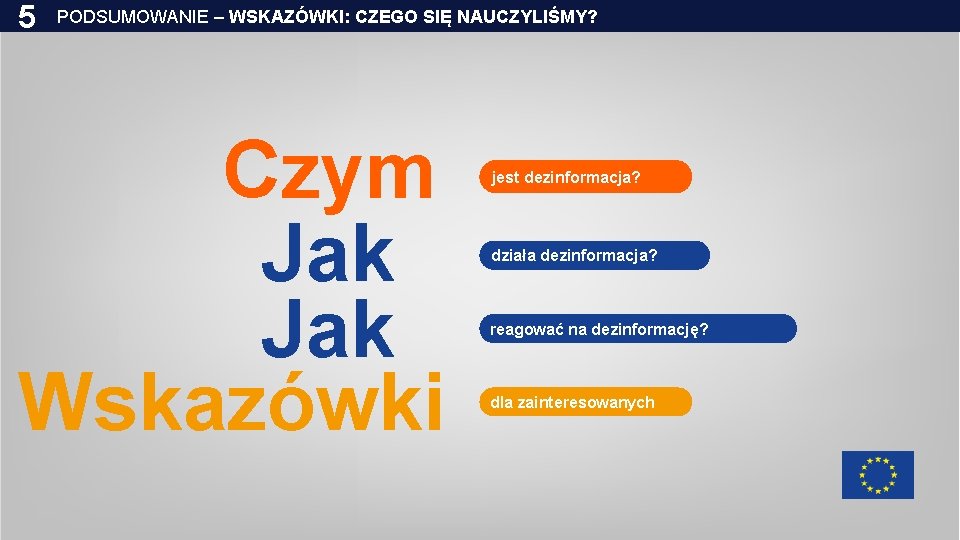 5 PODSUMOWANIE – WSKAZÓWKI: CZEGO SIĘ NAUCZYLIŚMY? Czym Jak Wskazówki jest dezinformacja? działa dezinformacja?