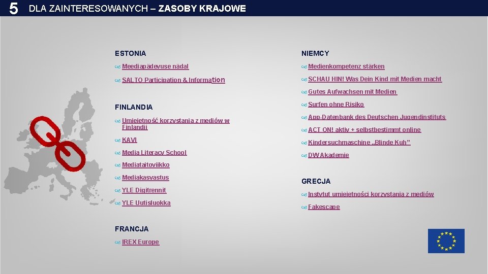 5 DLA ZAINTERESOWANYCH – ZASOBY KRAJOWE ESTONIA NIEMCY Meediapädevuse nädal Medienkompetenz stärken SALTO Participation