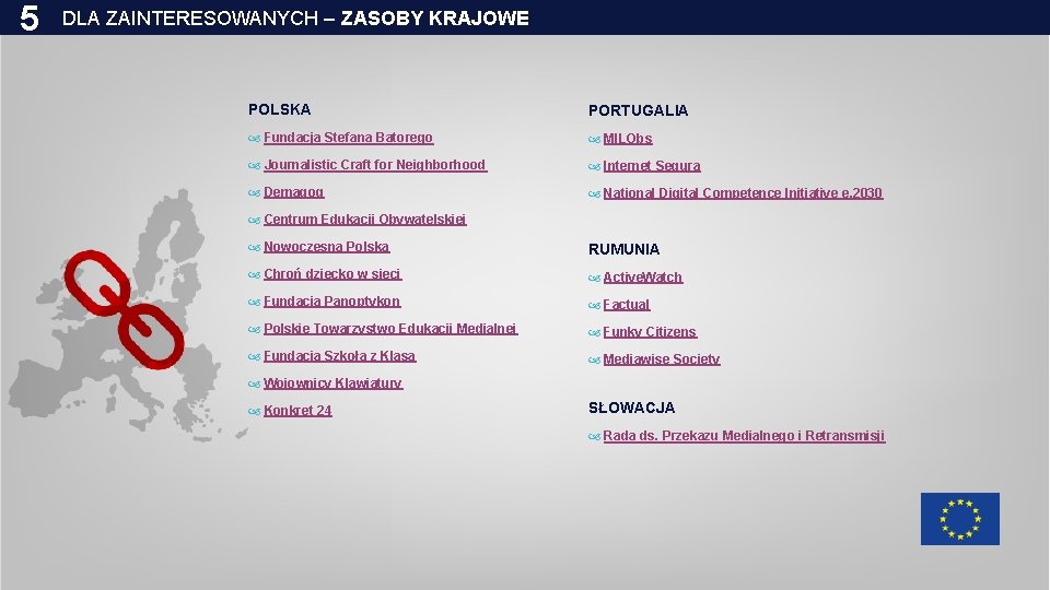 5 DLA ZAINTERESOWANYCH – ZASOBY KRAJOWE POLSKA PORTUGALIA Fundacja Stefana Batorego MILObs Journalistic Craft