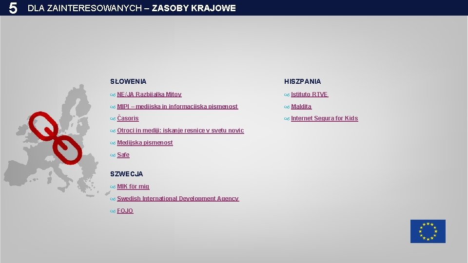 5 DLA ZAINTERESOWANYCH – ZASOBY KRAJOWE SŁOWENIA HISZPANIA NE/JA Razbijalka Mitov Istituto RTVE MIPI