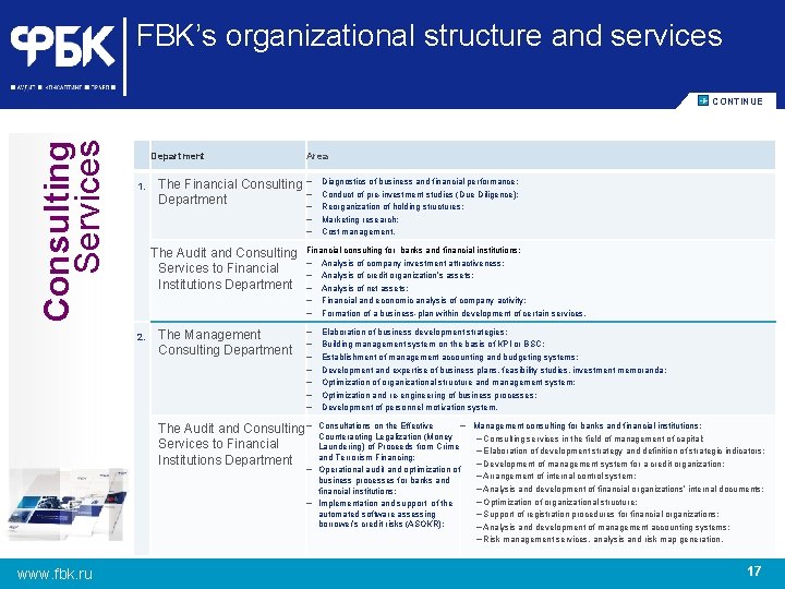 FBK’s organizational structure and services Consulting Services CОNTINUE Department 1. Area The Financial Consulting
