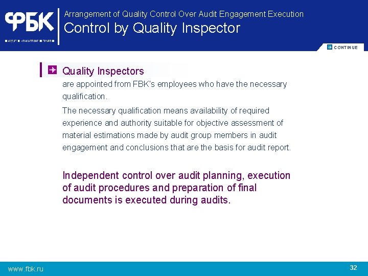 Arrangement of Quality Control Over Audit Engagement Execution Control by Quality Inspector CОNTINUE Quality