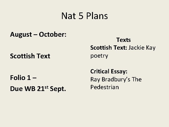 Nat 5 Plans August – October: Scottish Texts Scottish Text: Jackie Kay poetry Folio