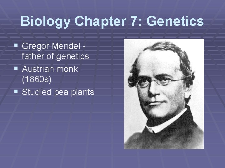Biology Chapter 7: Genetics § Gregor Mendel father of genetics § Austrian monk (1860