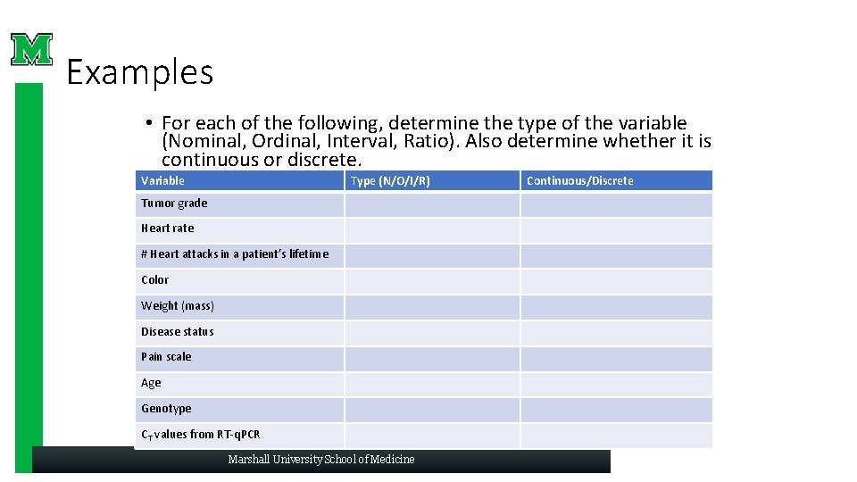 Examples • For each of the following, determine the type of the variable (Nominal, Examples • For each of the following, determine the type of the variable (Nominal,